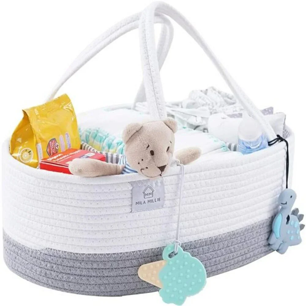XXL Cotton Rope Diaper Caddy Extra Large Baby Nursery Storage Bin with Divider